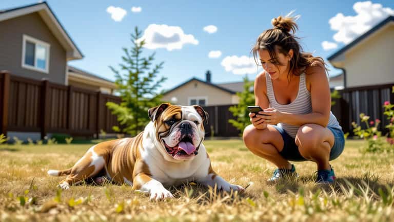 Engelsk bulldog panter på tørt gress under norsk sommervarme, eier sjekker yr-app for skogbrannvarsel