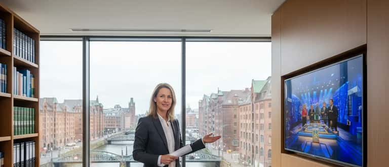 Deutsche Juristin in modernem Hamburger Kanzleibüro mit TV-Bildschirm im Hintergrund, professionelle Atmosphäre, Kameraausrüstung sichtbar