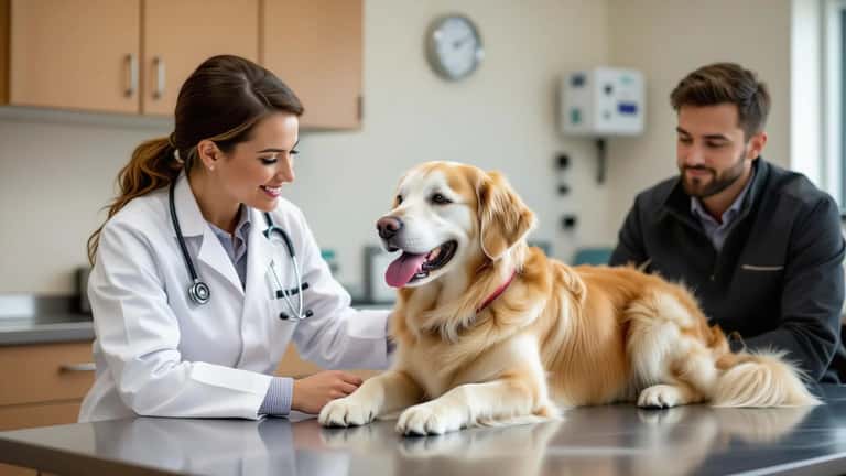British female vet in white coat examining a golden retriever on an exam table in a Leeds veterinary clinic, concerned male owner watching in background