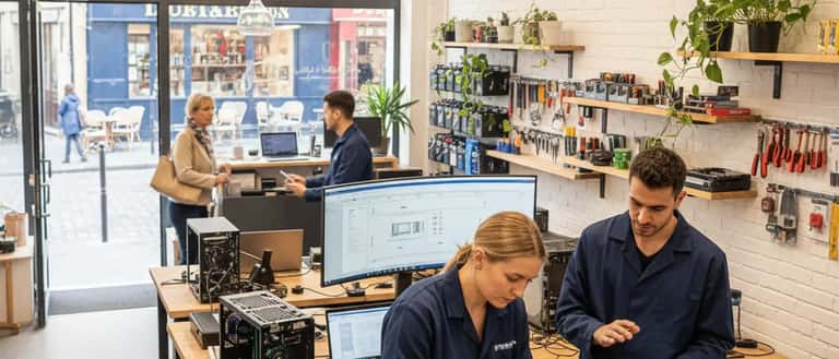 Customer handing a laptop to a computer repair technician across a counter in a Toronto repair shop