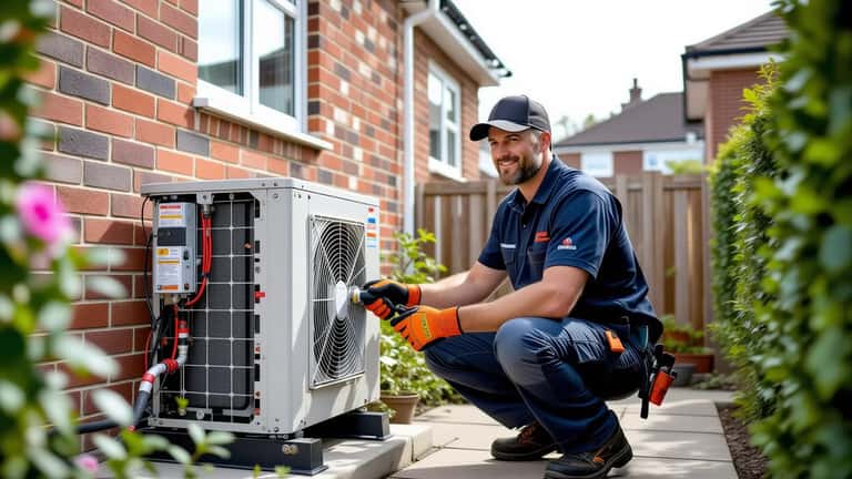 MCS-certified installer reviewing pipe connections beside a white air source heat pump unit on a Birmingham semi-detached house exterior wall
