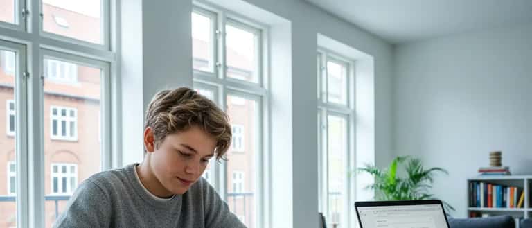 Dansk dreng arbejder med matematiklektier ved spisebord i dagslys med forælder ved siden af