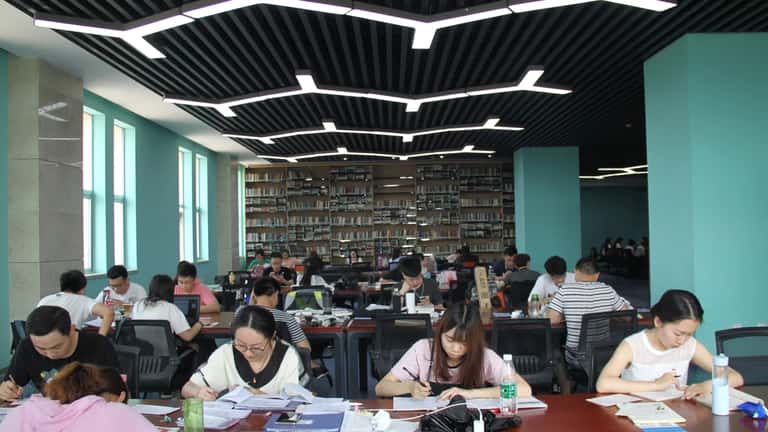 Students studying at university library, representing academic support and tutoring services