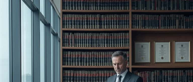 Deutscher Strafrechtsanwalt liest Rechtsdokument in Berliner Kanzlei mit Bücherregal und Tageslicht