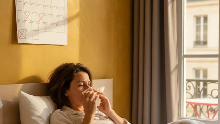 Salariée française en arrêt maladie pendant ses congés d'été, document médical sur table de nuit, calendrier de vacances affiché au mur, appartement à Nantes
