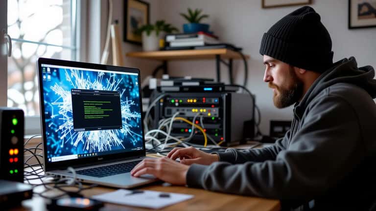 IT technician troubleshooting Discord voice server connection error on laptop with router in Toronto home office