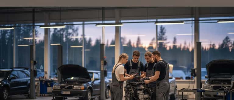 Suomalainen mekaanikko tarkistaa auton moottoria korjaamolla talvella
