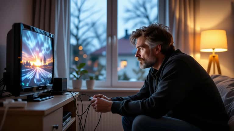 Mand trækker stikket til overspændingsstikdåse med tv og router under tordenvejr i dansk stue