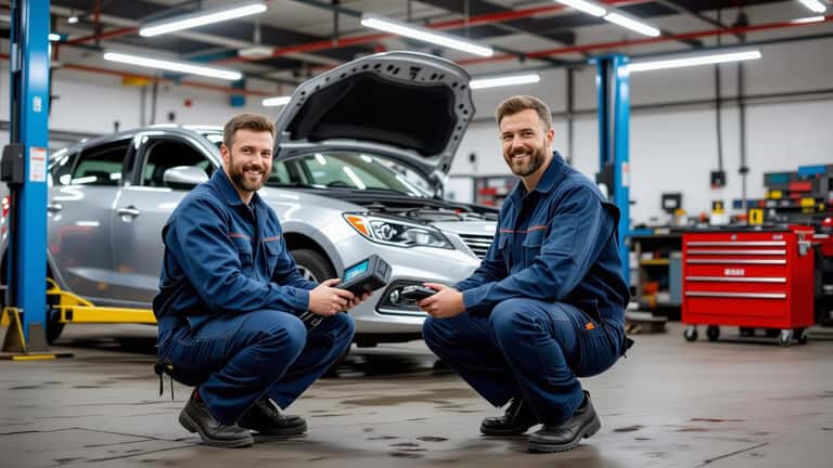 Mechanic in blue coveralls inspecting engine bay of flood-damaged car with visible waterlines in UK garage