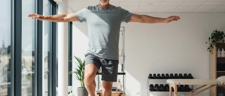 Vältränad äldre svensk man gör balansövning i ett Stockholms sjukgymnastik, symboliserar frisk åldrande