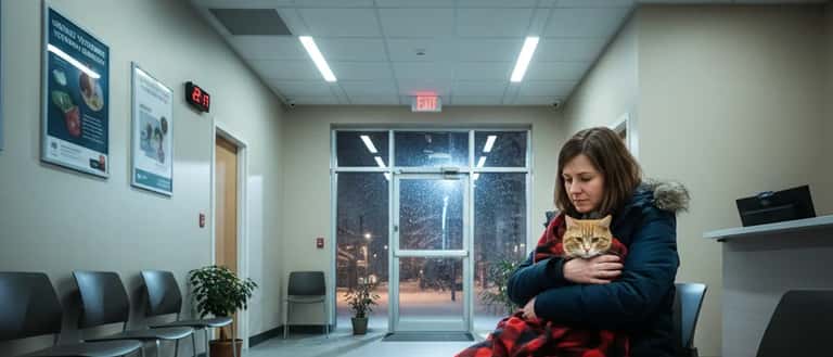 Femme tenant un chat dans une salle d'attente de clinique vétérinaire d'urgence au Québec la nuit