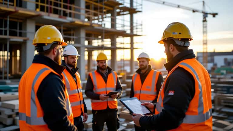 Byggnadsarbetare i varselvästar vid morgonbriefing på Stockholms byggarbetsplats i gyllene morgonljus
