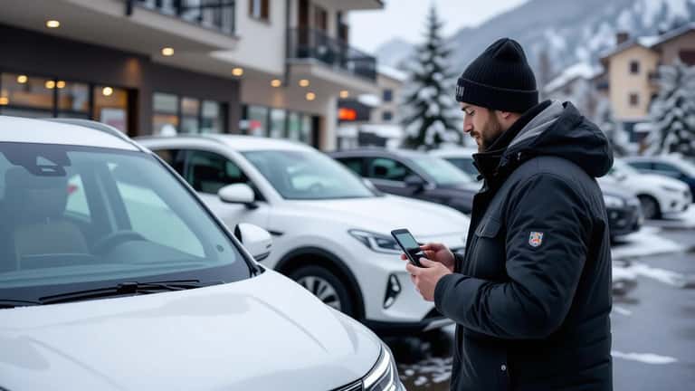 Automobilista controlla lo smartphone accanto a un'auto elettrica coperta di ghiaccio in un parcheggio di Bergamo in inverno