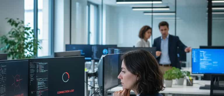 Responsable IT française face à une panne d'outil IA dans un open-space à Lyon