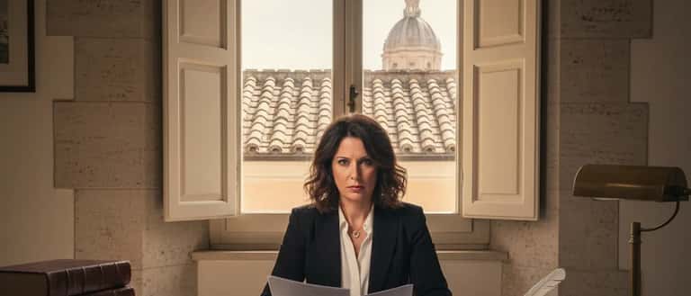 Avvocata italiana in studio legale romano, documenti legali sul tavolo