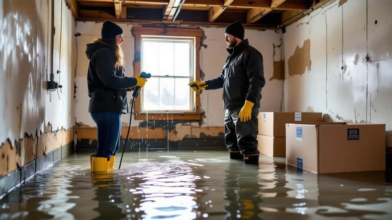 Homeowner standing in flooded utility room with standing water and damaged drywall after Tropical Storm Bertha remnants hit North Carolina