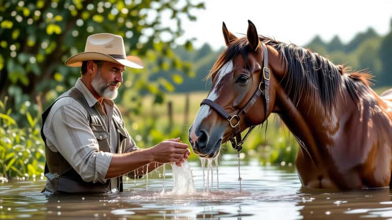 Lad de haras normand refroidissant un cheval avec l'eau et le grattoir après un effort par temps de canicule, Normandie