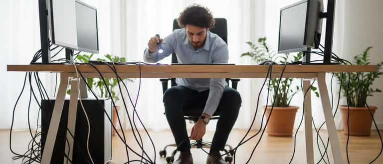 Tecnico informatico che controlla protettori di sovratensione collegati a dispositivi elettronici