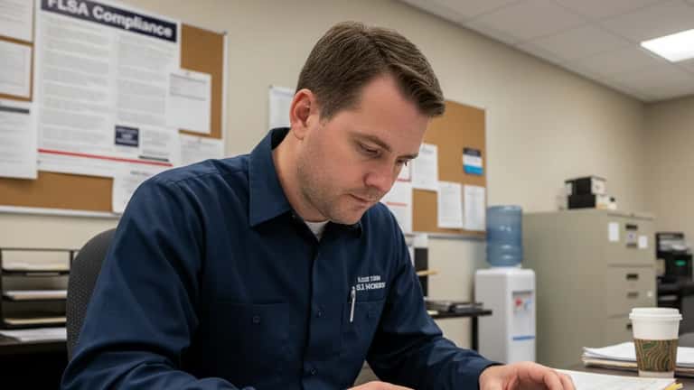 Kansas employee reviewing overtime pay stubs and FLSA documents at a Topeka labor compliance office