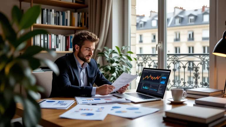 Jeune homme français consultant des documents de gestion de patrimoine dans un appartement parisien