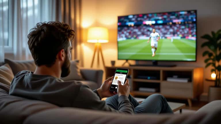 Concerned man checking a fake FIFA World Cup live-score app showing a security warning on his phone