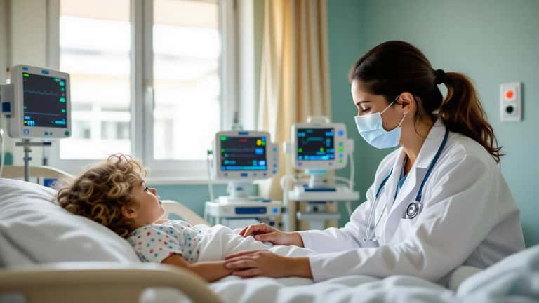 Pediatra esamina la gola di una bambina in un reparto pediatrico ospedaliero italiano