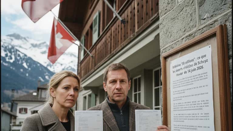 Résidents étrangers en Suisse tenant leurs documents de permis de séjour devant un bâtiment officiel