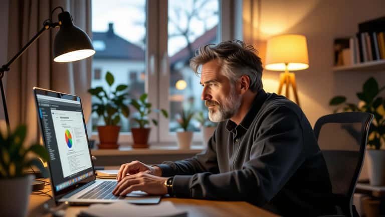 Tjänsteman granskar Collectum pensionsportal på laptop i hemmakontorsmiljö i Göteborg under varmt kvällsljus
