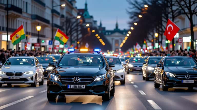 Autokorso auf deutscher Straße mit Fahnen nach dem WM-Halbfinale 2026, ein Auto mit frischem Kratzer