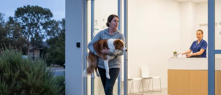 Woman carrying injured dog through the entrance of a 24-hour veterinary emergency clinic in Melbourne at dusk