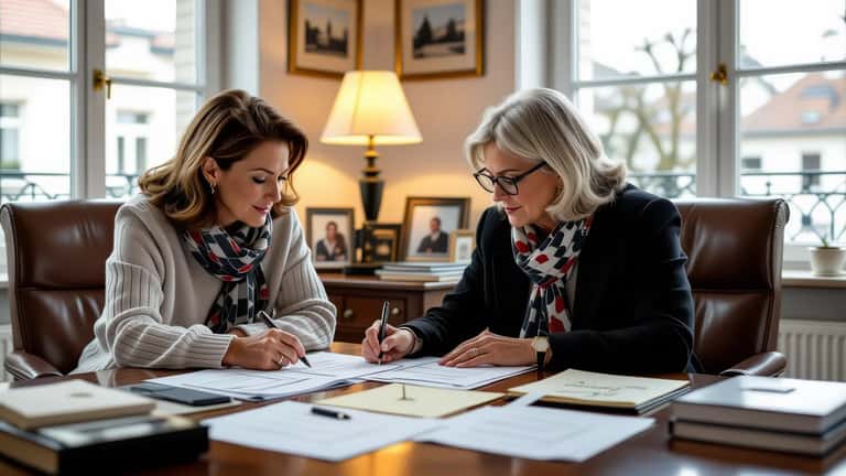 Deux héritiers en désaccord autour d'un bureau de notaire avec des documents successoraux en France 2026