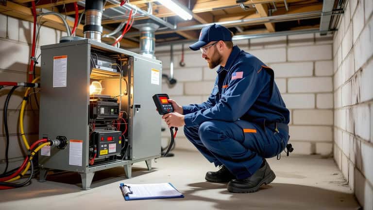 HVAC technician inspecting a gas furnace in a Canadian basement before the 2026 heating season