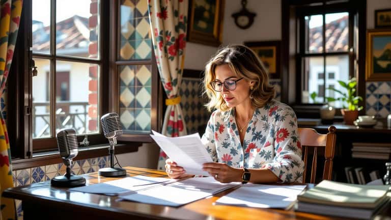 Artista português a rever documentos de planeamento financeiro em apartamento em Lisboa