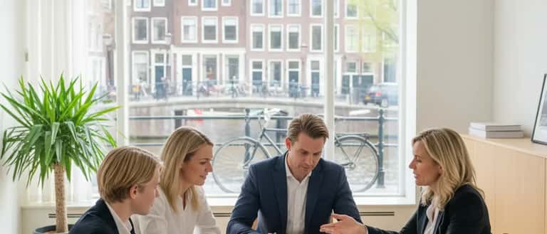 Nederlands gezin bespreekt hypotheekdocumenten met financieel adviseur
