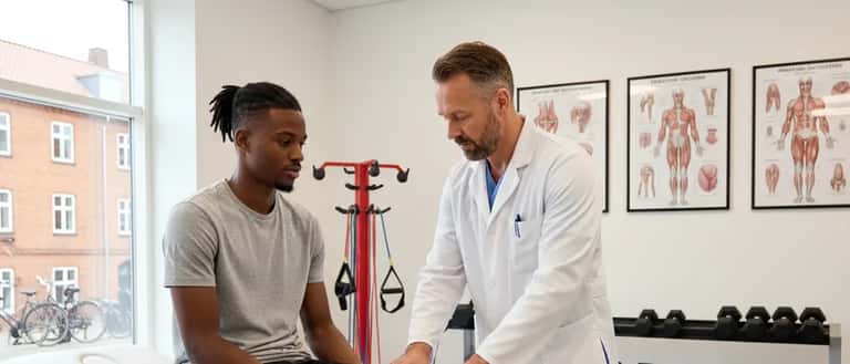 Ung dansk fodboldspiller undersøgt af sportslæge i klinik i Aarhus, knæundersøgelse, rehabiliteringsudstyr synligt