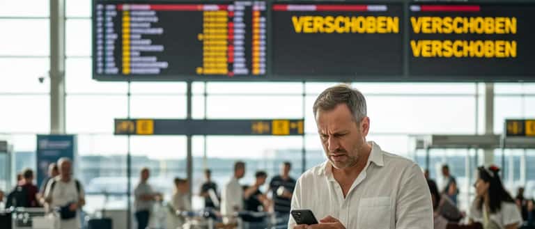 Gestresster Reisender am Flughafen Palma mit Verspätungsanzeigen im Hintergrund