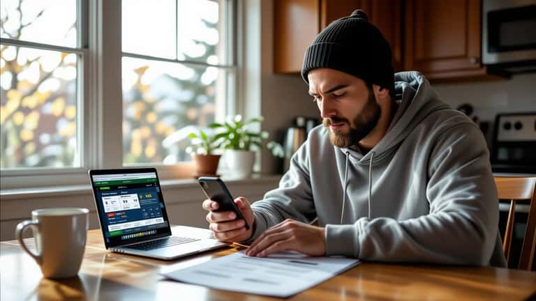 US sports bettor at kitchen table reviewing IRS W-2G tax form next to sportsbook app showing soccer odds