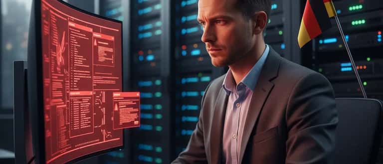 Cybersicherheitsexperte analysiert Hackerangriff auf Computerbildschirm in Serverraum