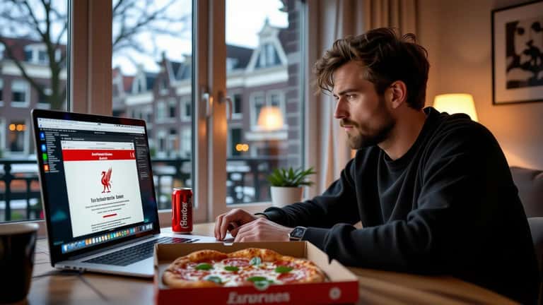 Nederlandse man achter laptop ziet beveiligingswaarschuwing van nep-streamingsite voor Liverpool Wrexham