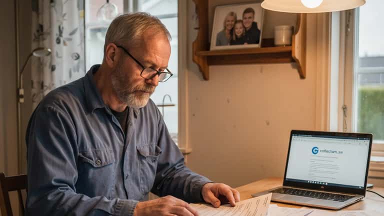 Stålarbetare i Luleå planerar pension och försäkringar vid köksbord med dokument och laptop