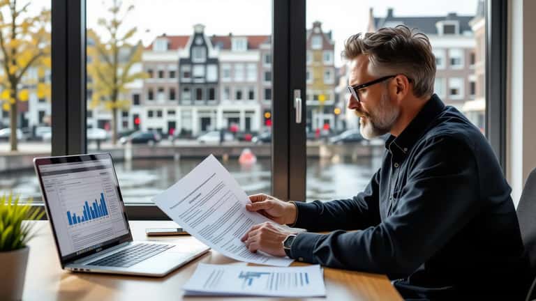 Ondernemer bekijkt contract met koopoptie clausule op kantoor in Amsterdam