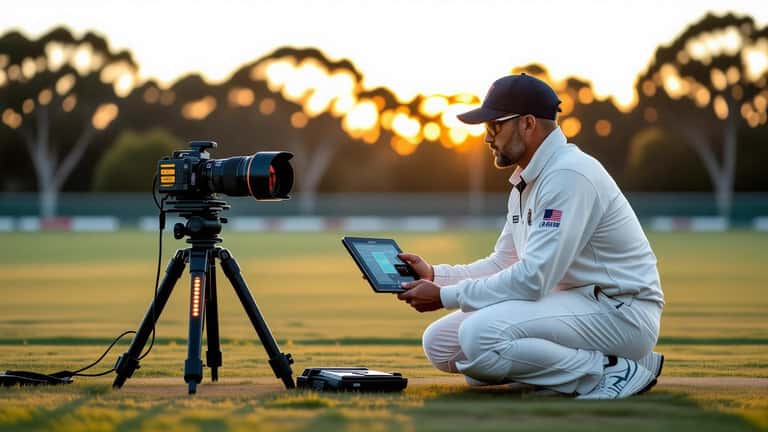 Cricket umpire testing DRS camera system at Australian oval with LED stumps