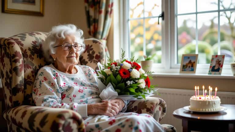Elderly British woman seated in a care home armchair surrounded by birthday flowers and cards, celebrating her 117th birthday