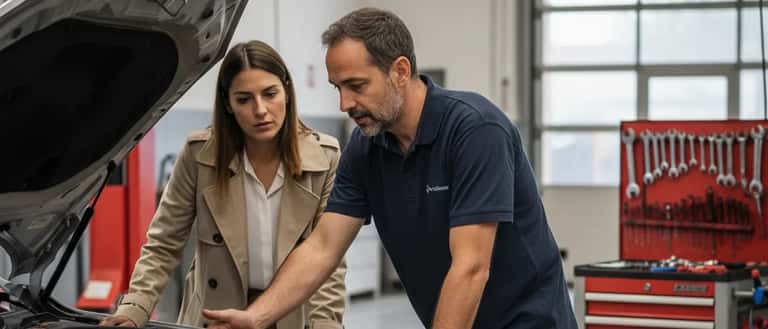 Meccanico italiano spiega una riparazione a una cliente in un'autofficina a Bologna