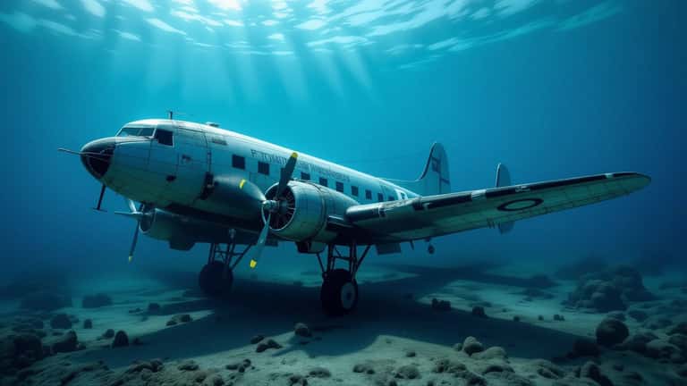 Sonar-lit wreckage of a sunken Pan Am DC-4 airliner on the Atlantic Ocean floor