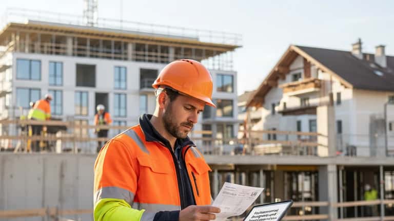 Österreichischer Bauarbeiter auf einer Baustelle prüft Kollektivvertrag und Lohnzettel 2026