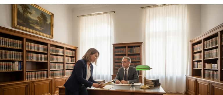 Familienrechtsanwältin berät Mandantin in einer Wiener Kanzlei mit Büchern und Dokumenten auf dem Schreibtisch