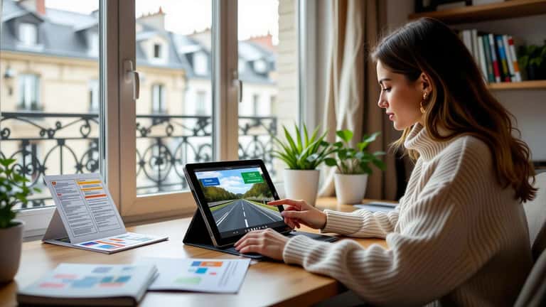 Jeune femme révisant le code de la route sur tablette avec une application mobile