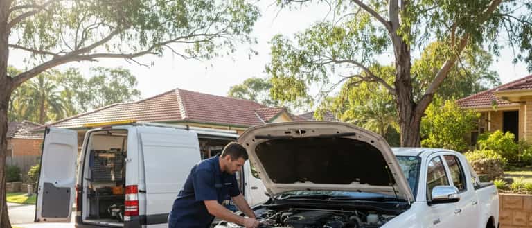 Mobile mechanic inspecting under the bonnet of a white Toyota ute on a suburban Australian driveway in morning sunlight