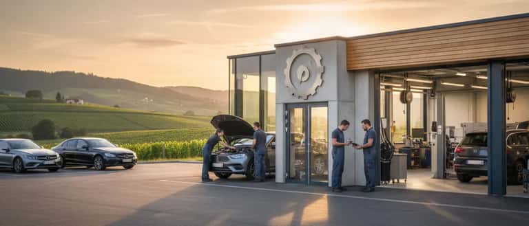 British mechanic inspecting an automatic gearbox on a hydraulic lift in an independent garage workshop